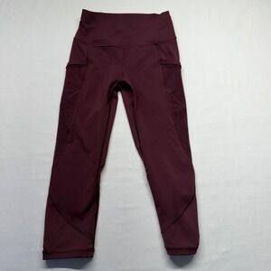 Lululemon Burgundy Mesh Panel Crop Leggings High Rise Pockets Size 4‎